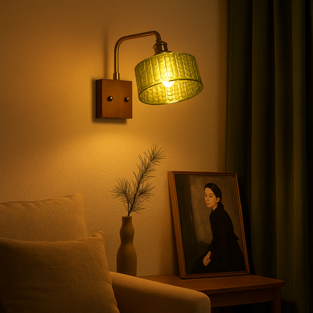 Applique Murale en Verre Artisanal avec Base en Bois – Lampe Murale Rustique pour Chambre ou Salon, Éclairage Doux et Apaisant