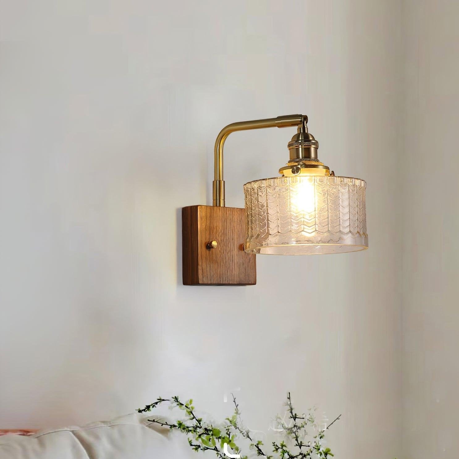 Applique Murale en Verre Artisanal avec Base en Bois – Lampe Murale Rustique pour Chambre ou Salon, Éclairage Doux et Apaisant