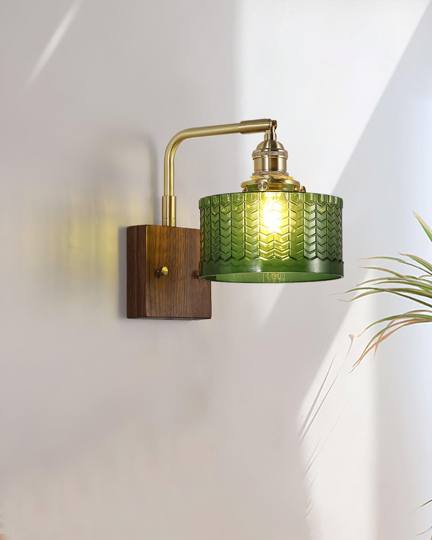 Applique Murale en Verre Artisanal avec Base en Bois – Lampe Murale Rustique pour Chambre ou Salon, Éclairage Doux et Apaisant