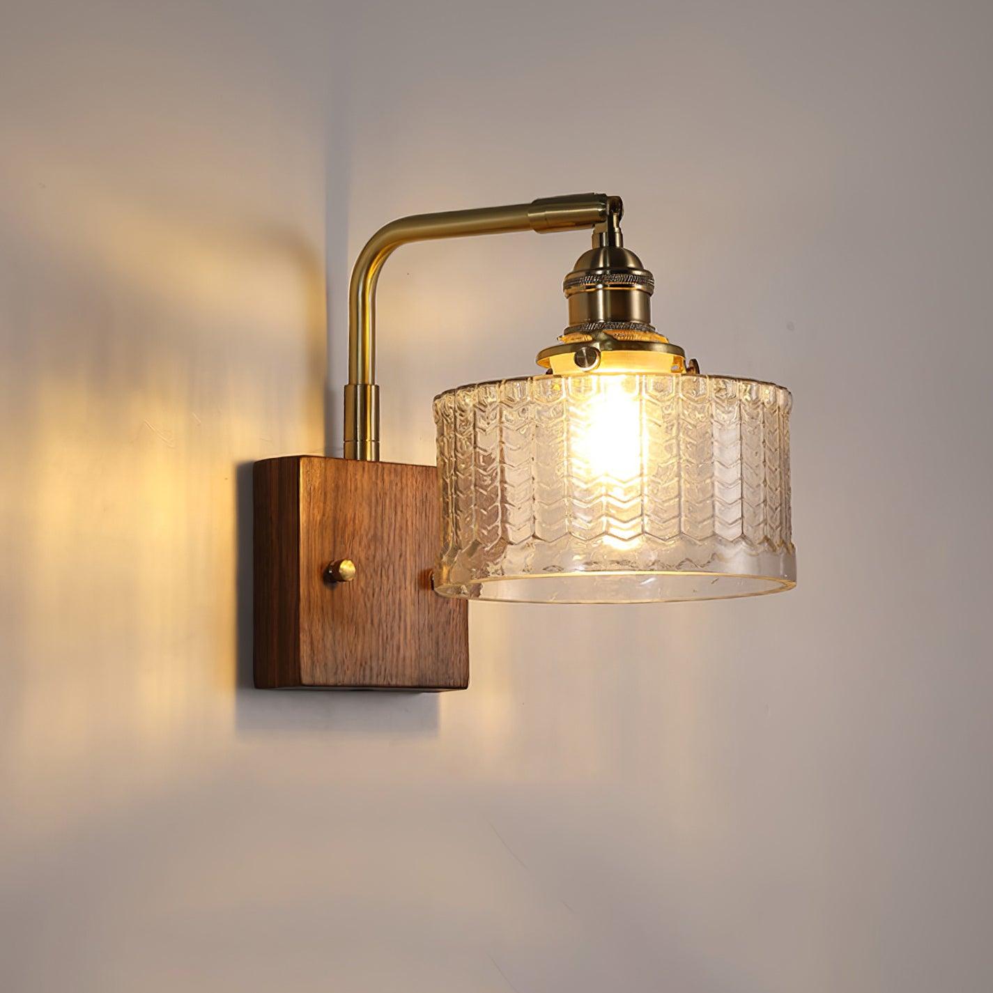 Applique Murale en Verre Artisanal avec Base en Bois – Lampe Murale Rustique pour Chambre ou Salon, Éclairage Doux et Apaisant