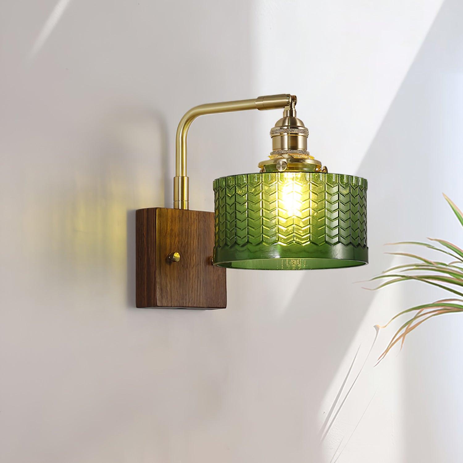 Applique Murale en Verre Artisanal avec Base en Bois – Lampe Murale Rustique pour Chambre ou Salon, Éclairage Doux et Apaisant