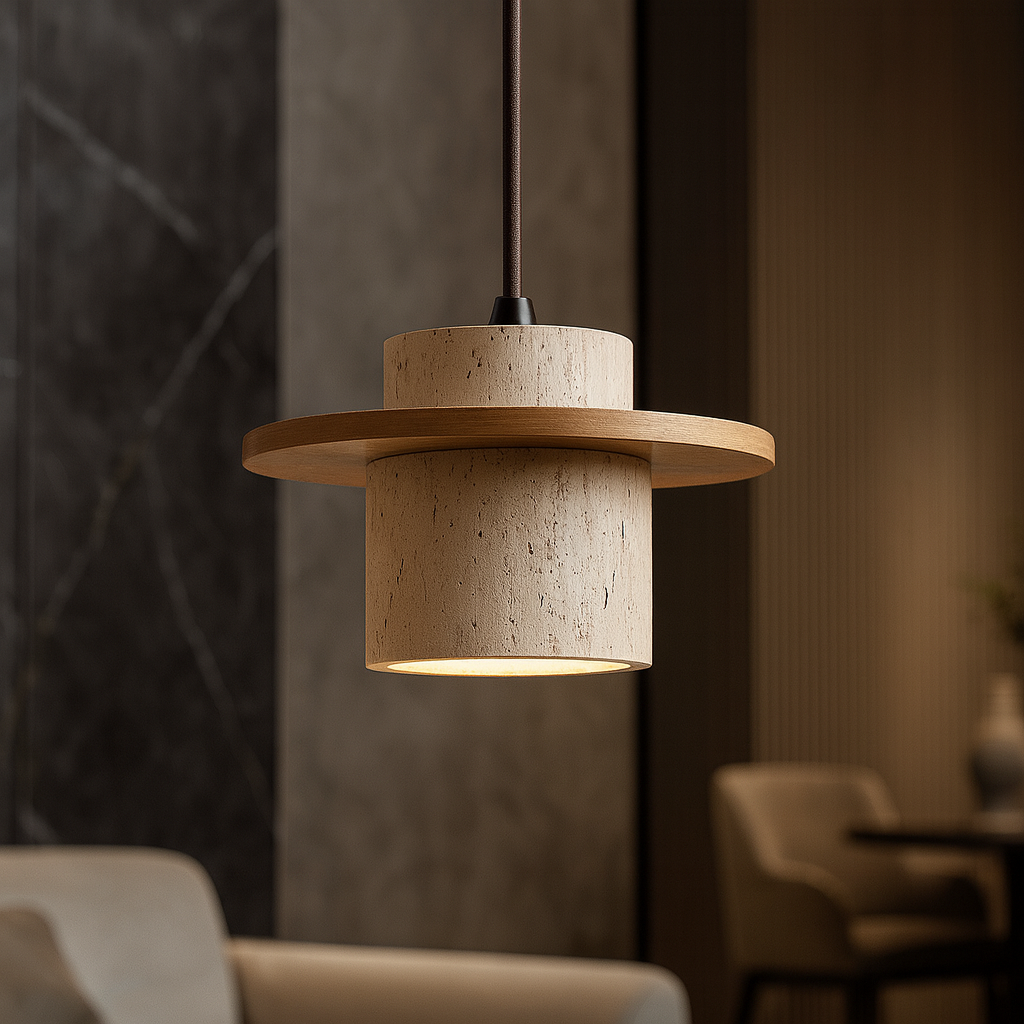 Suspension en Travertin et Bois avec Câble Réglable – Lampe Rétro pour Intérieur, Style Minimaliste et Naturel