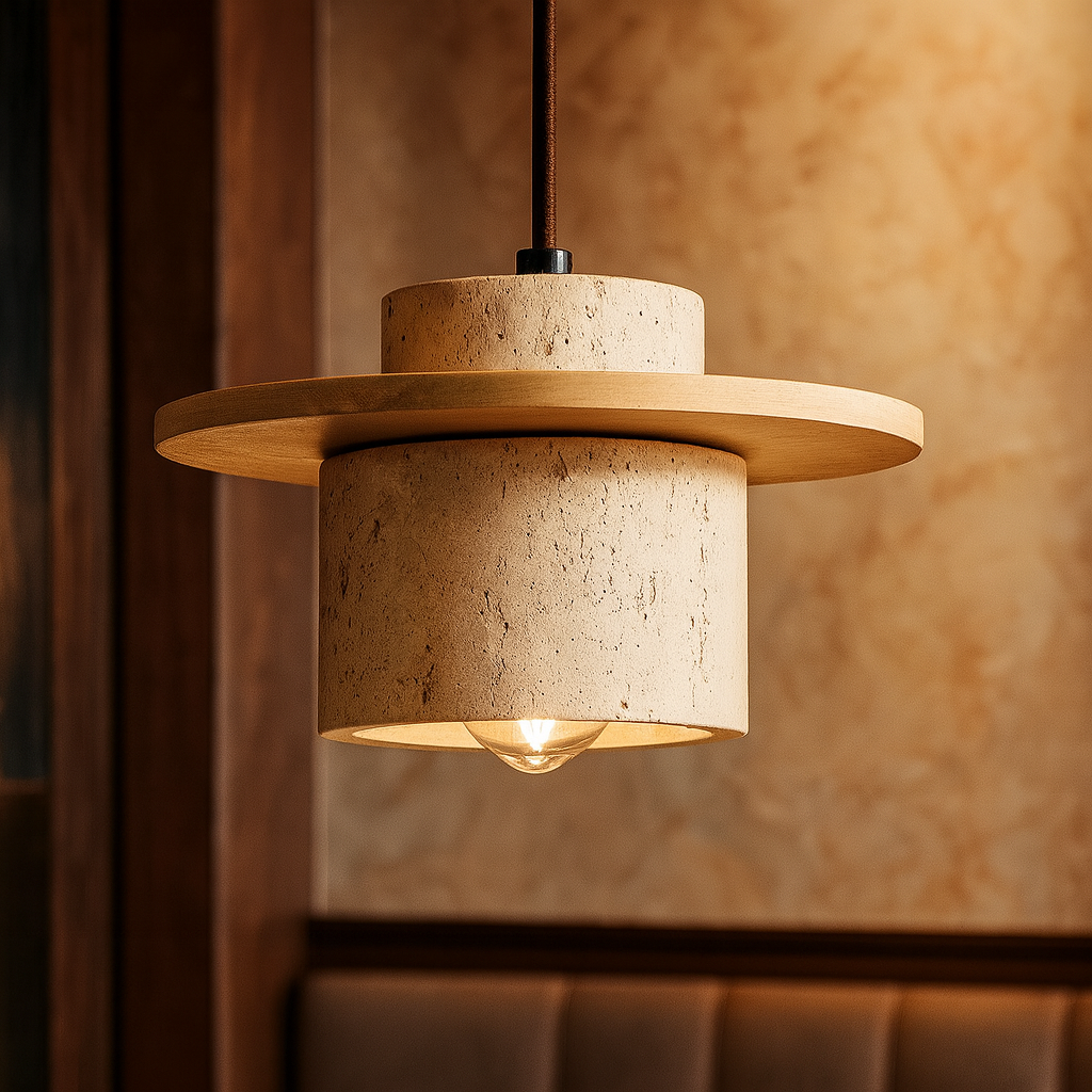 Suspension en Travertin et Bois avec Câble Réglable – Lampe Rétro pour Intérieur, Style Minimaliste et Naturel