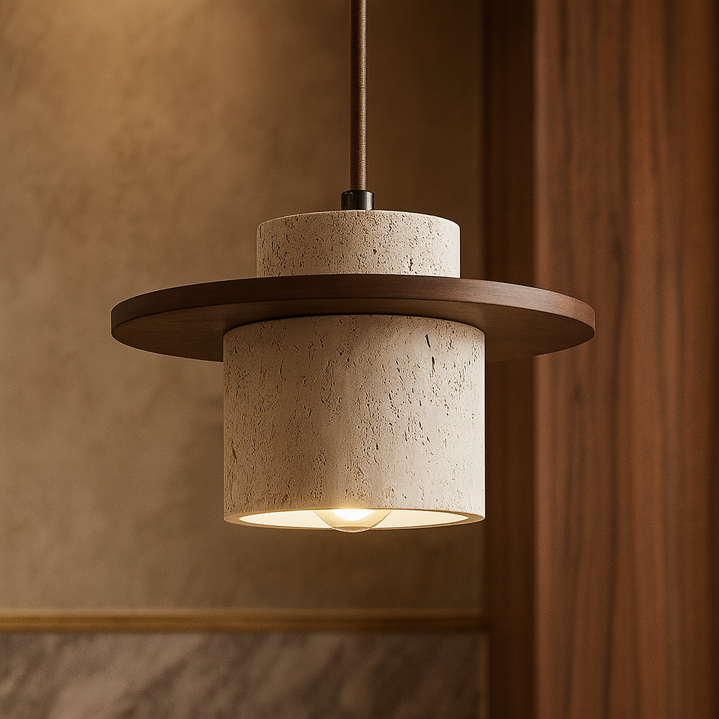Suspension en Travertin et Bois avec Câble Réglable – Lampe Rétro pour Intérieur, Style Minimaliste et Naturel