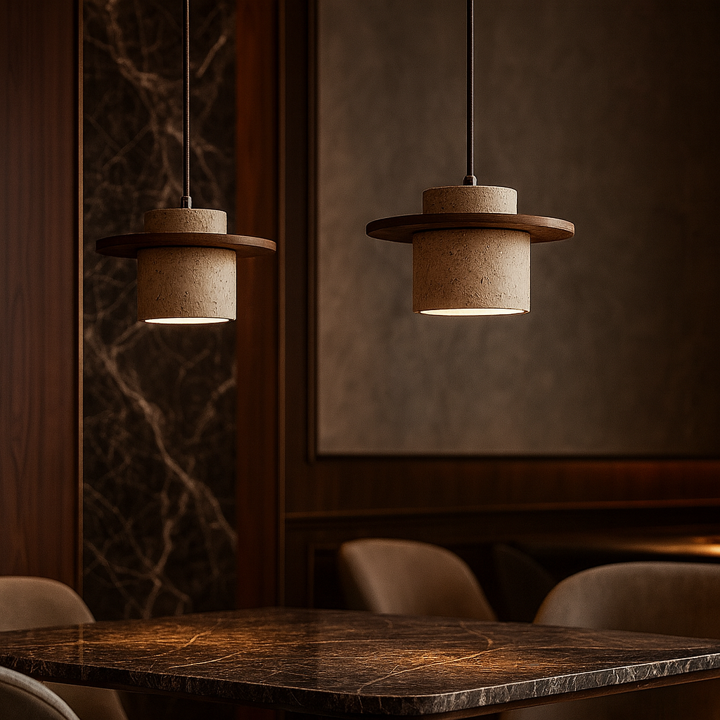 Suspension en Travertin et Bois avec Câble Réglable – Lampe Rétro pour Intérieur, Style Minimaliste et Naturel