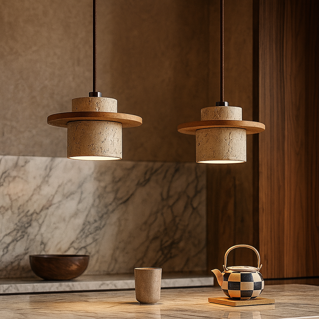 Suspension en Travertin et Bois avec Câble Réglable – Lampe Rétro pour Intérieur, Style Minimaliste et Naturel