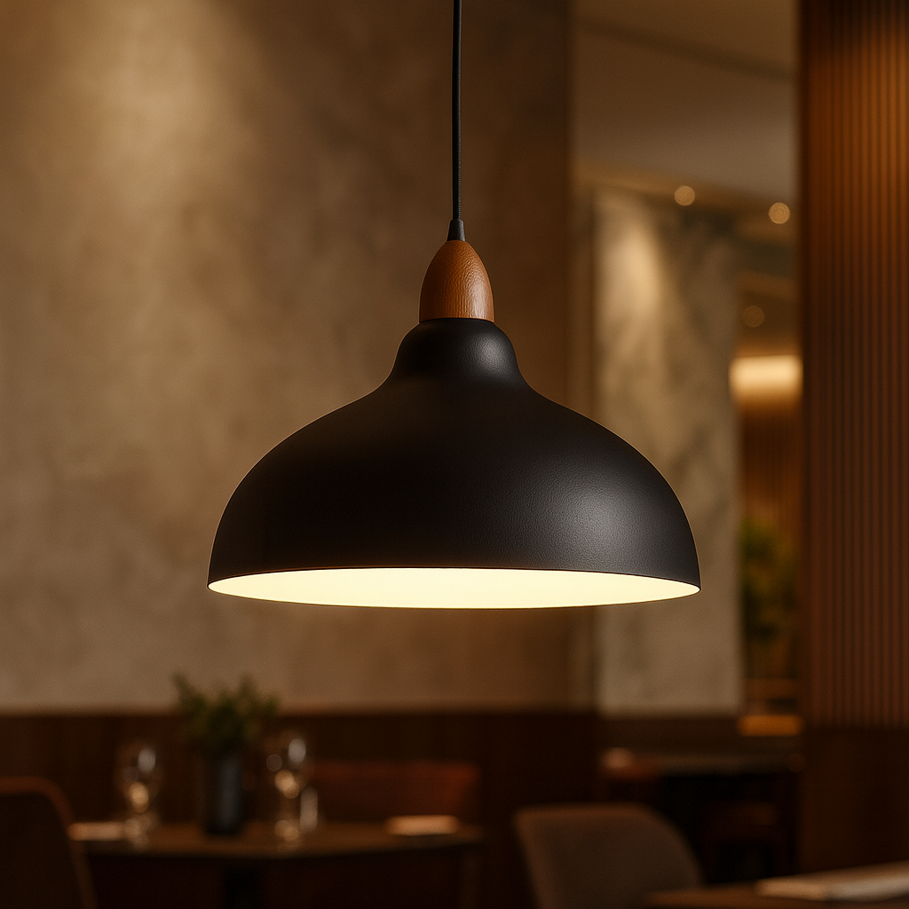Suspension Scandinave en Bois et Métal – Luminaire Minimaliste Ajustable pour Cuisine et Salon, 35 cm, Blanc ou Noir