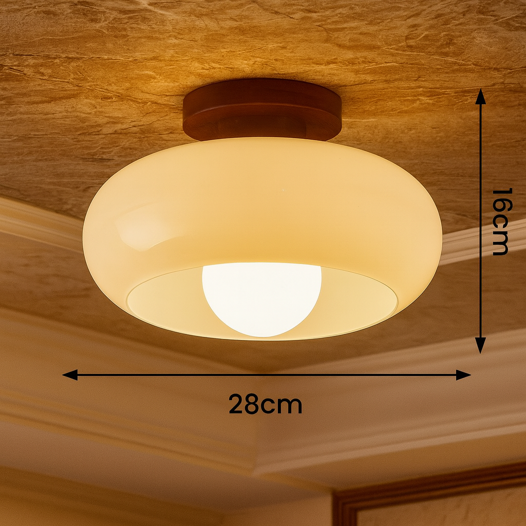 Plafonnier Vintage en Bois et Verre pour Salon – Élégance Intemporelle Blanc, Douille E27, Format Compact