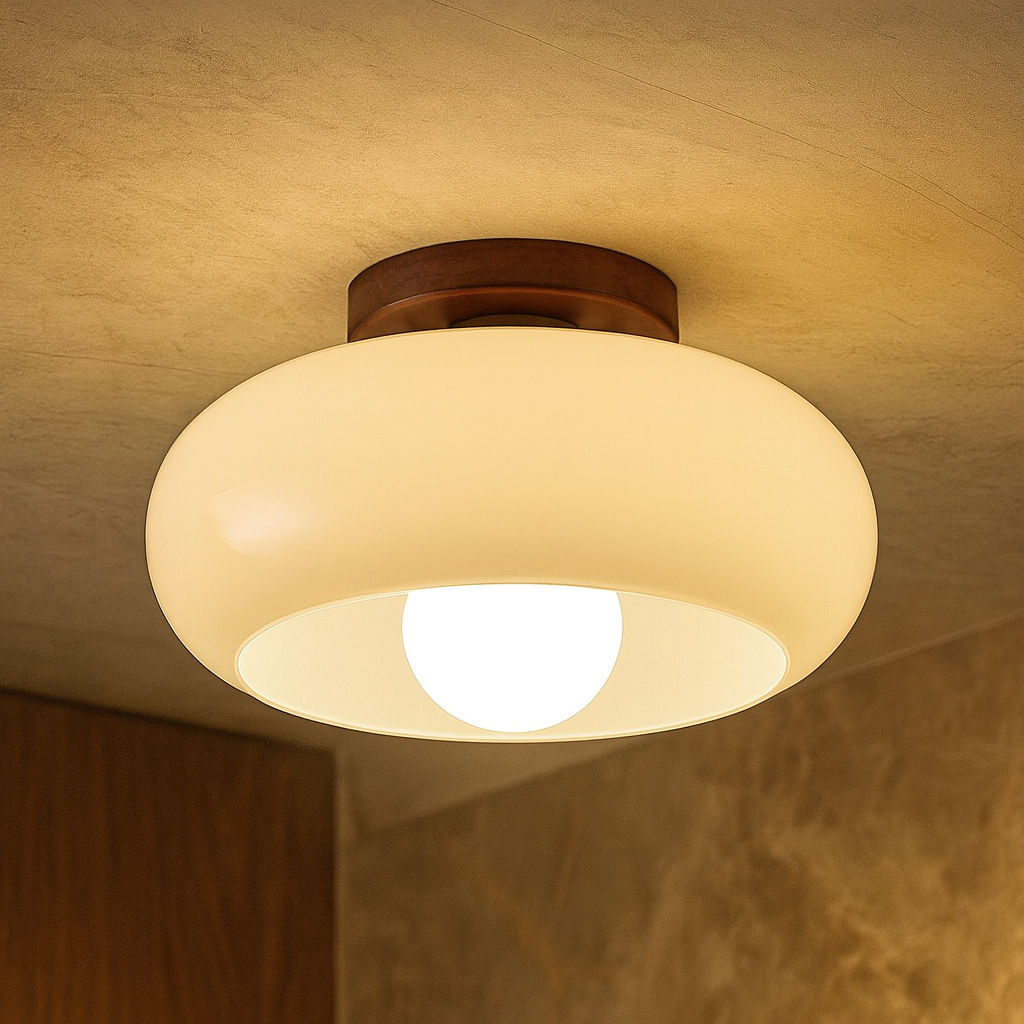 Plafonnier Vintage en Bois et Verre pour Salon – Élégance Intemporelle Blanc, Douille E27, Format Compact