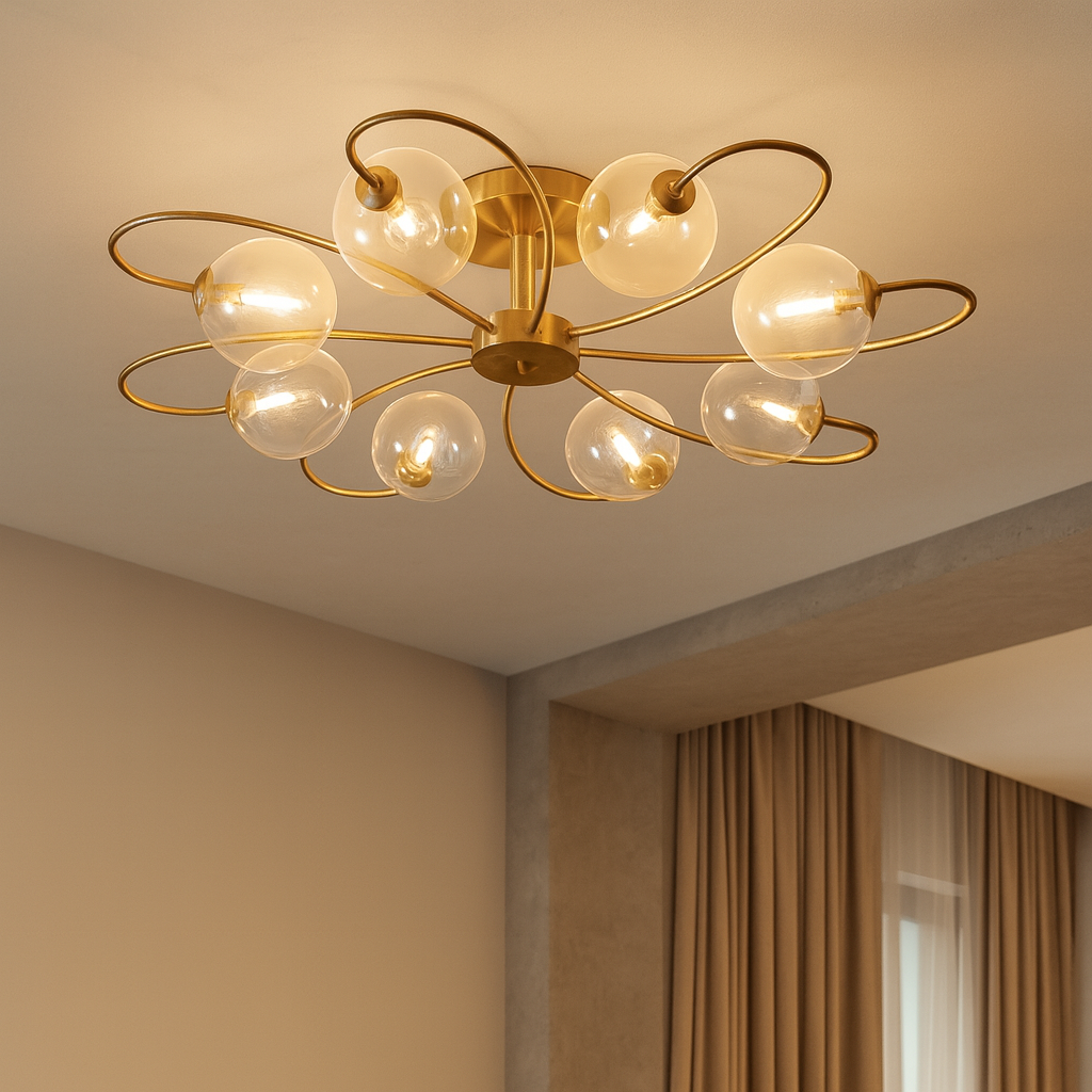 Plafonnier Design en Or avec Abat-Jours en Verre – Luminaire Plafonnier Moderne pour Salon et Salle à Manger