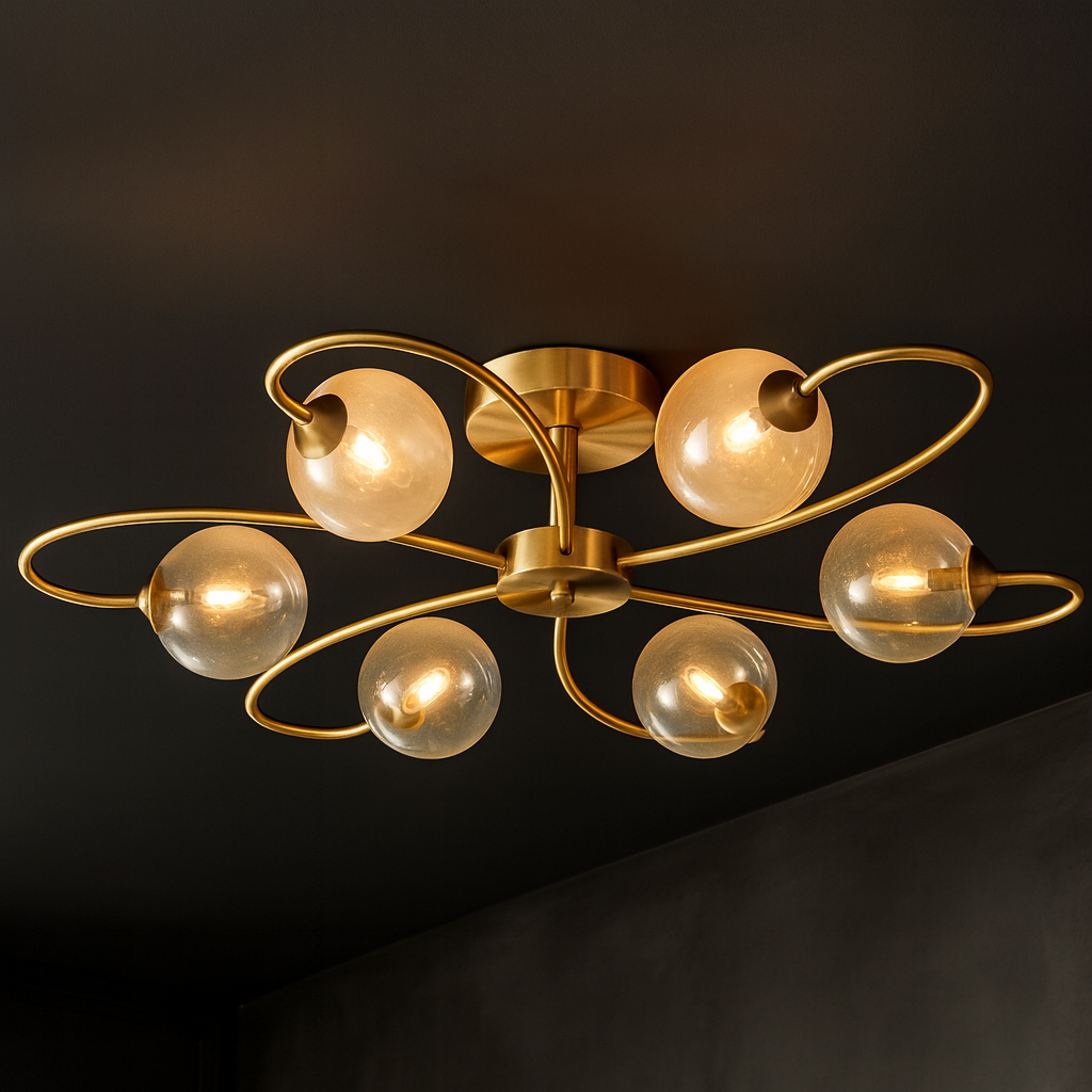 Plafonnier Design en Or avec Abat-Jours en Verre – Luminaire Plafonnier Moderne pour Salon et Salle à Manger