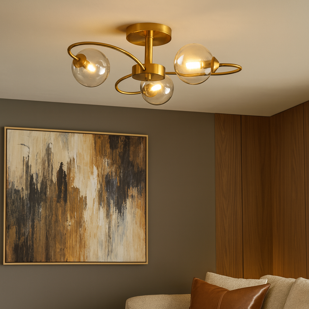 Plafonnier Design en Or avec Abat-Jours en Verre – Luminaire Plafonnier Moderne pour Salon et Salle à Manger