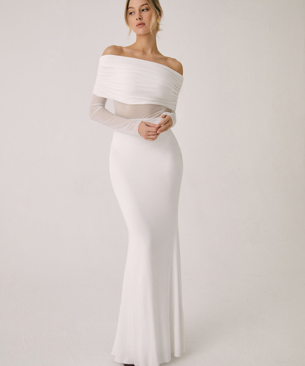 Overfold Off-Shoulder Mesh Long Sleeve Long Dress