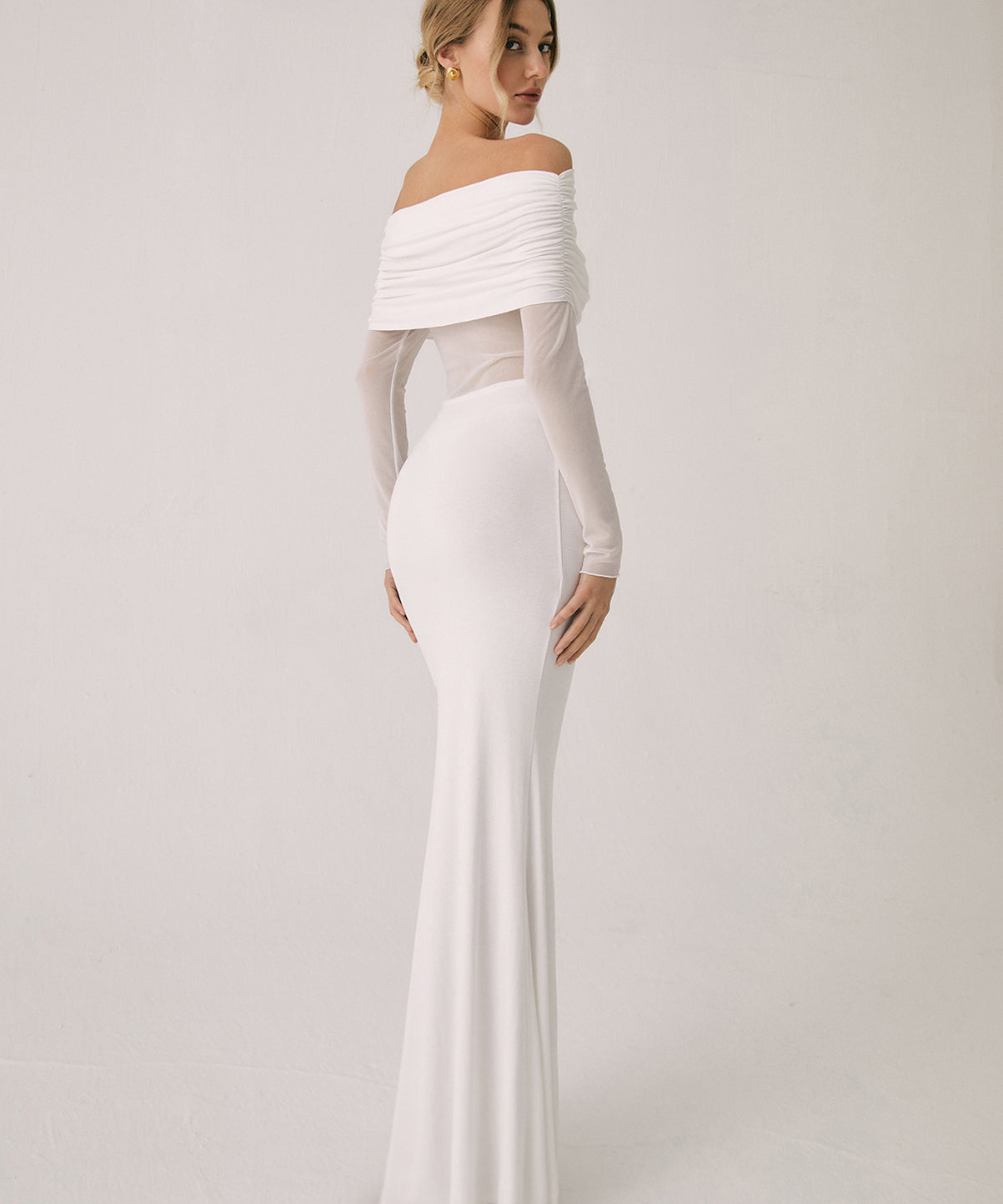 Overfold Off-Shoulder Mesh Long Sleeve Long Dress