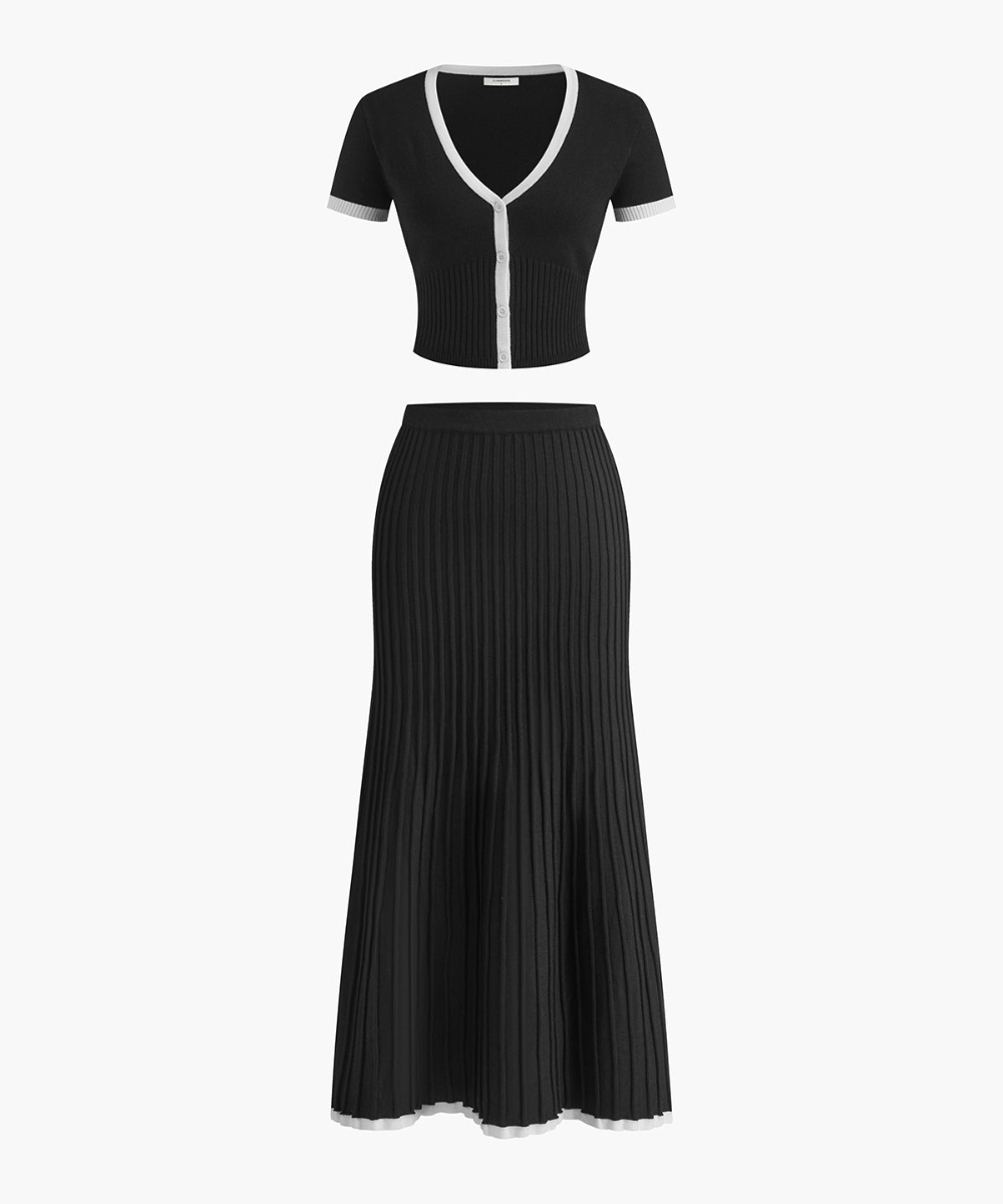 Minimalism Contrast Trim Sweater Skirt Set