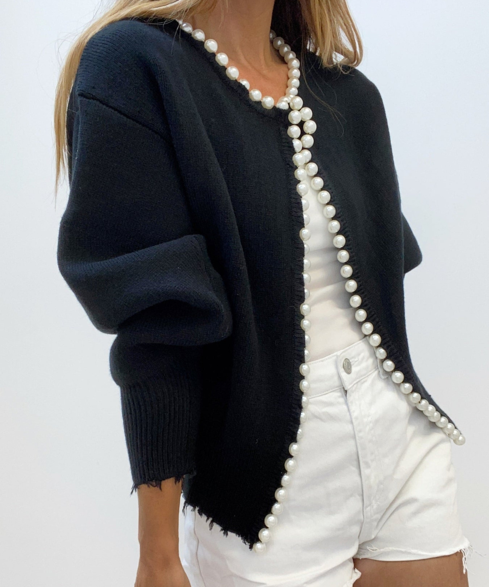 Pearl Trim Ripped Hem Cardigan