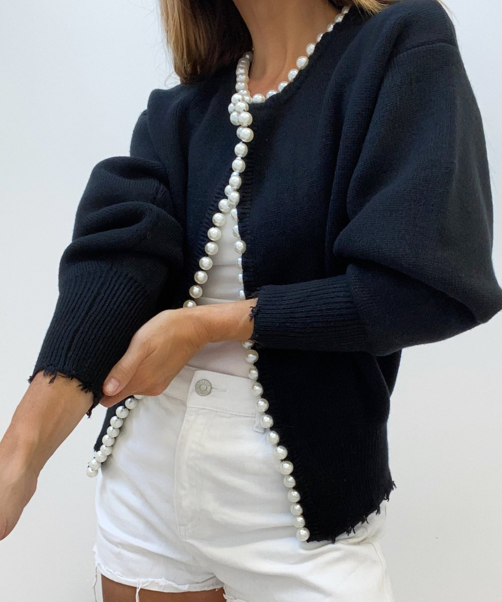 Pearl Trim Ripped Hem Cardigan