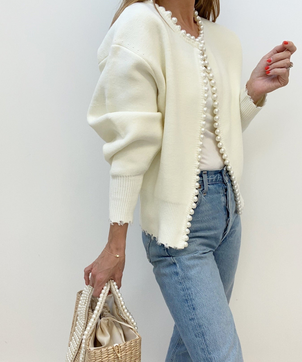 Pearl Trim Ripped Hem Cardigan