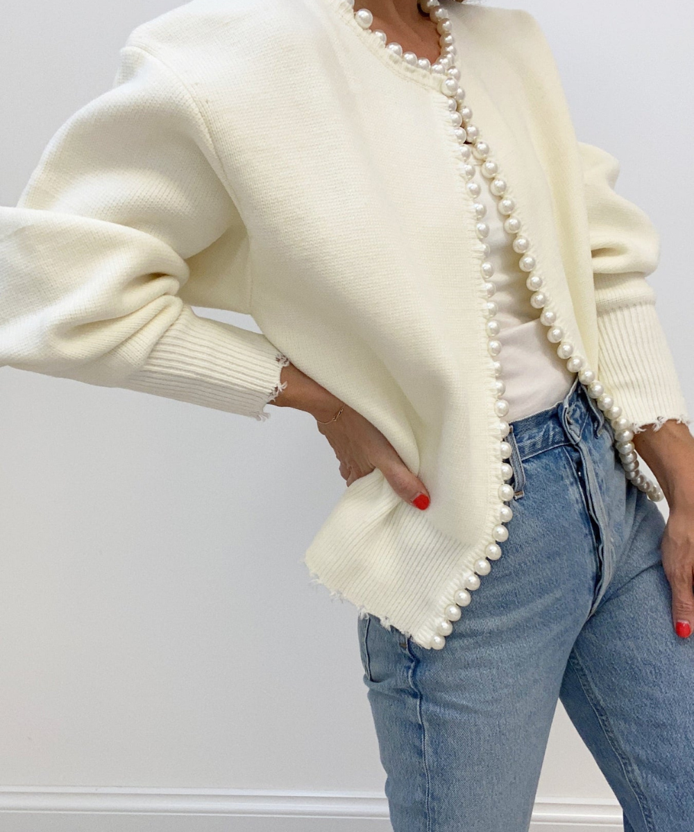 Pearl Trim Ripped Hem Cardigan